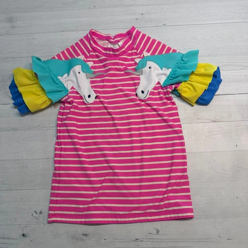 Mini Boden girls pink striped unicorn‎ short sleeve rashguard 11/12